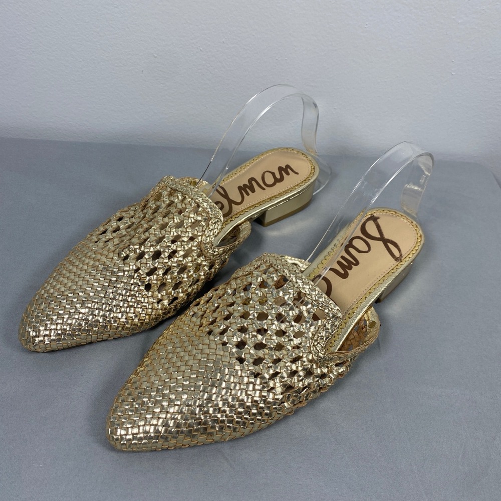 Sam Edelman Clara Mules Womens 10 Gold Woven Metallic Pointed Toe Shoes Slides